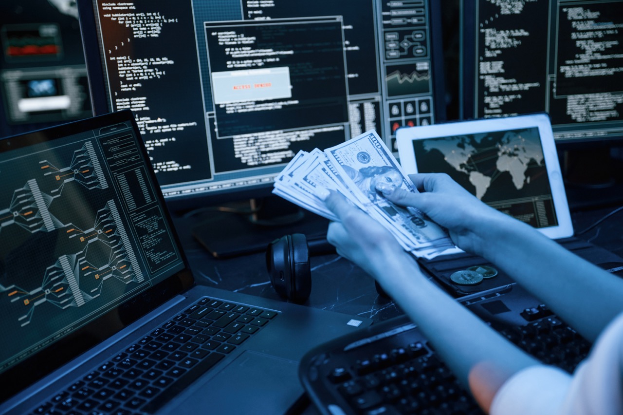 Young professional hacker with information and money