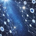 An abstract digital network diagram showing interconnected lines and technology icons—like clouds, gears, and graphs—layered over a dark blue background filled with sparkling stars.