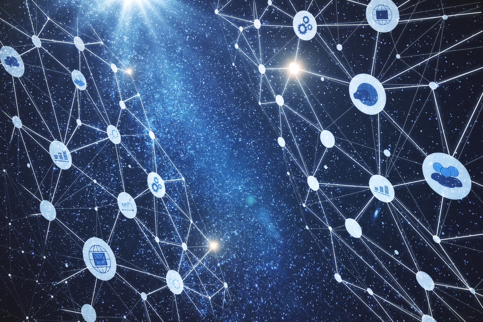 An abstract digital network diagram showing interconnected lines and technology icons—like clouds, gears, and graphs—layered over a dark blue background filled with sparkling stars.