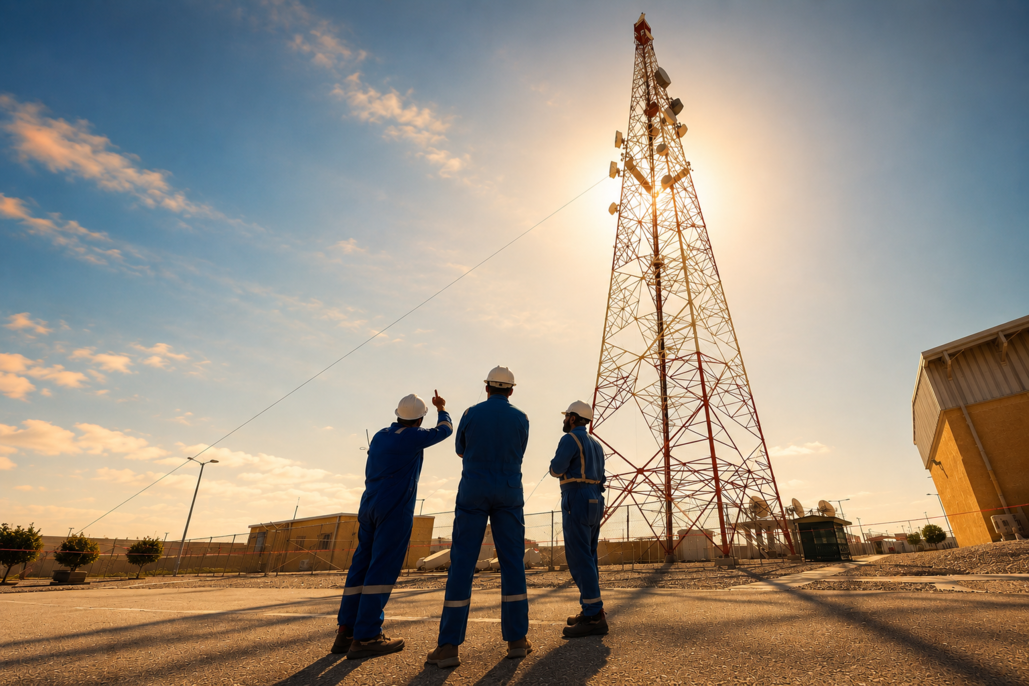 Three engineers in blue coveralls and white hard hats standing outdoors and pointing up at a tall red-and-white telecommunications tower lit from behind by bright sunlight.