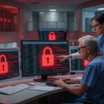 Two doctors in blue scrubs look with concern at computer monitors displaying red padlock ransomware warning screens inside a dark hospital server facility with red alert lights.