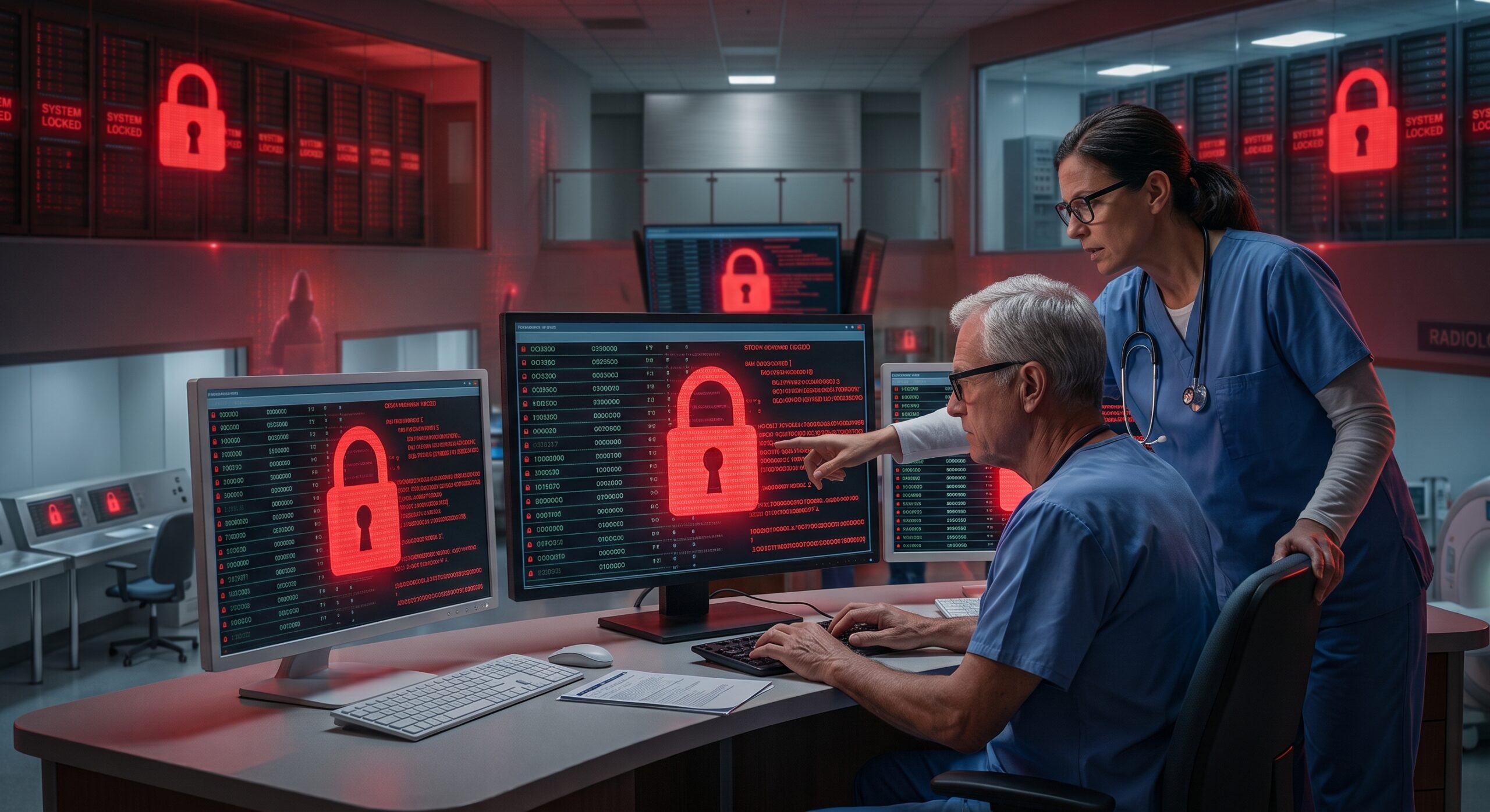 Two doctors in blue scrubs look with concern at computer monitors displaying red padlock ransomware warning screens inside a dark hospital server facility with red alert lights.
